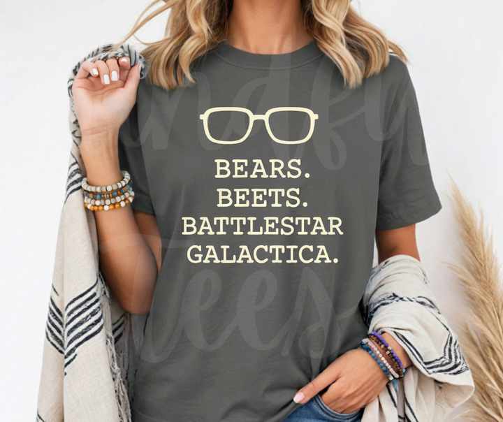 "Beers, Beets, Battelstar Galactica" Sarcastic Design The Office Inspired Unisex heavyweight t-shirt
