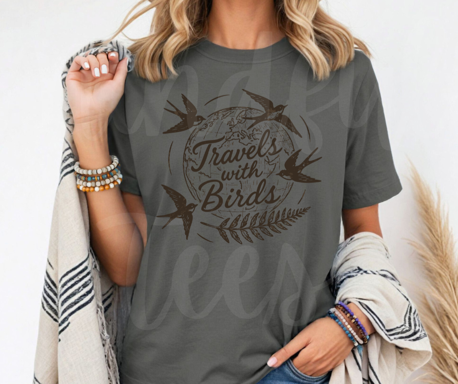 "Travels With Birds" Birdwatching Design Birds and Nature Inspired Unisex heavyweight t-shirt