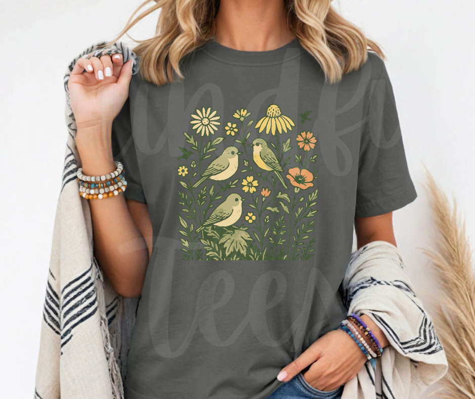 "Birds & Flowers" Birdwatching Design Birds and Nature Inspired Unisex heavyweight t-shirt