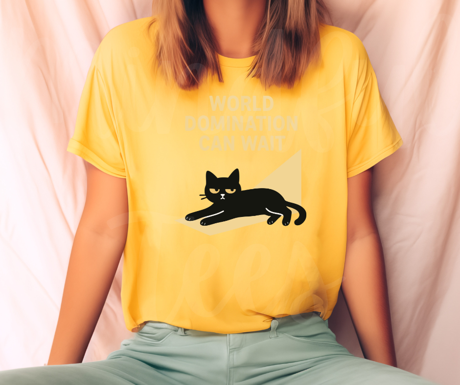 "World Domination Can Wait" Sarcastic Cat Design Unisex heavyweight t-shirt