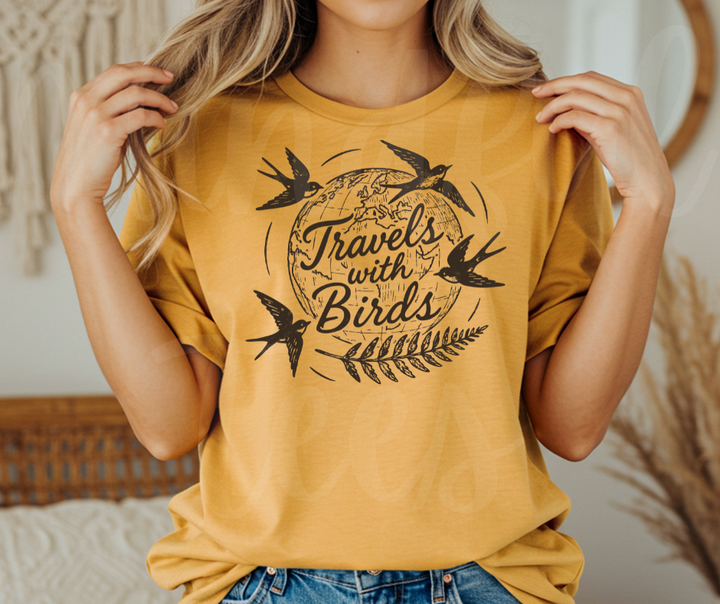 "Travels With Birds" Birdwatching Design Birds and Nature Inspired Unisex heavyweight t-shirt