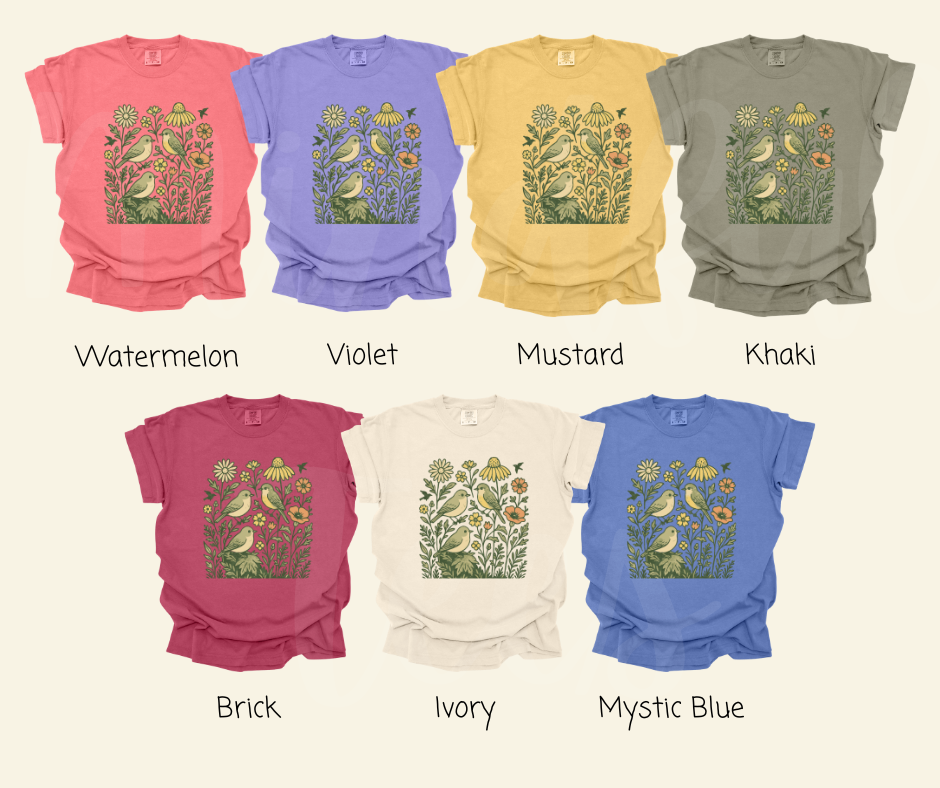 "Birds & Flowers" Birdwatching Design Birds and Nature Inspired Unisex heavyweight t-shirt