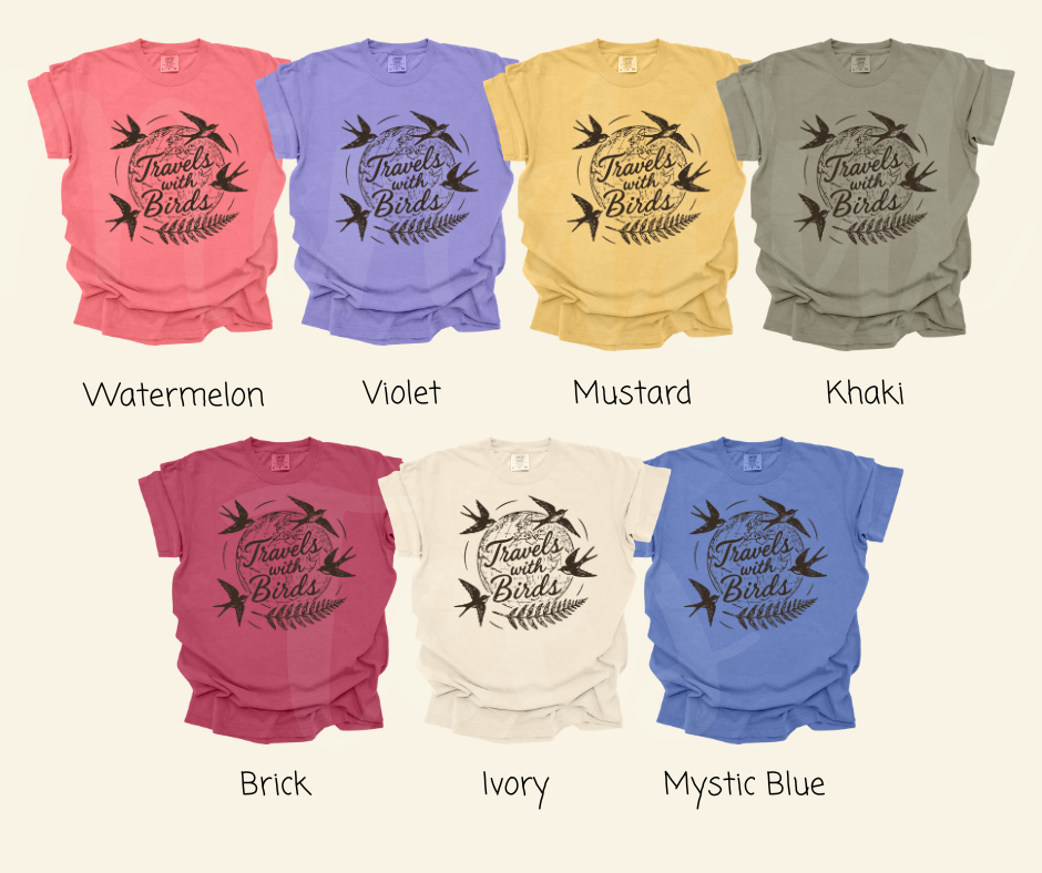 "Travels With Birds" Birdwatching Design Birds and Nature Inspired Unisex heavyweight t-shirt