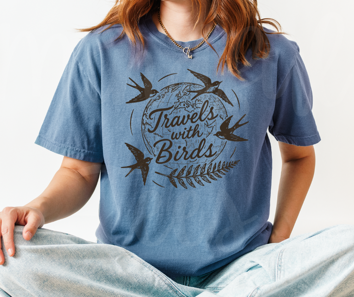 "Travels With Birds" Birdwatching Design Birds and Nature Inspired Unisex heavyweight t-shirt