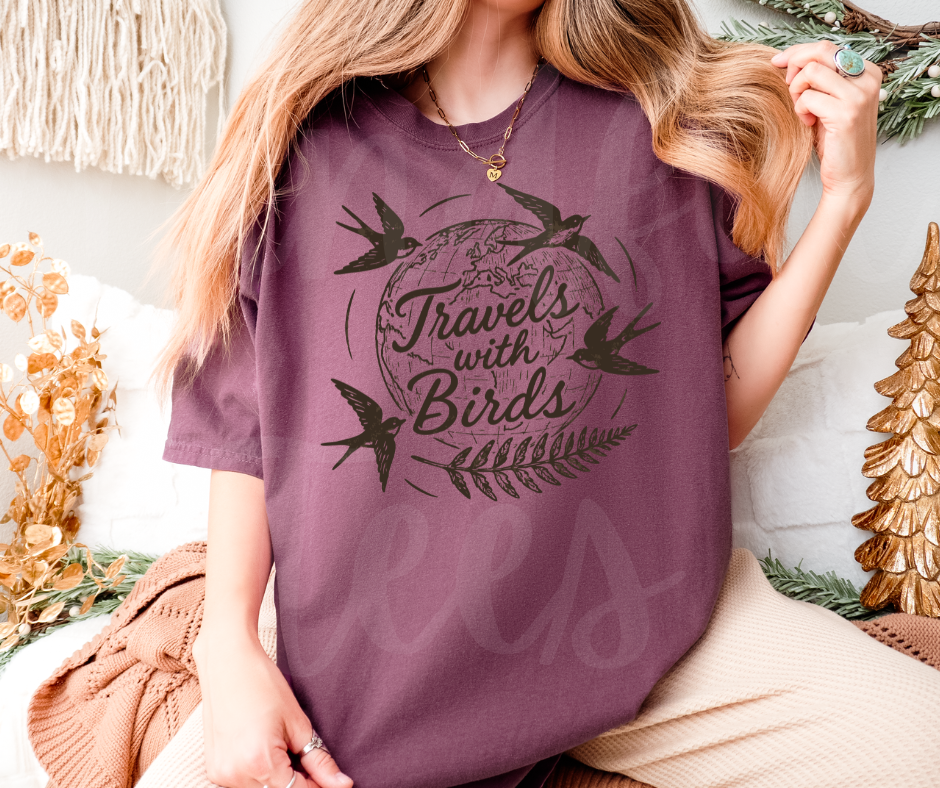 "Travels With Birds" Birdwatching Design Birds and Nature Inspired Unisex heavyweight t-shirt