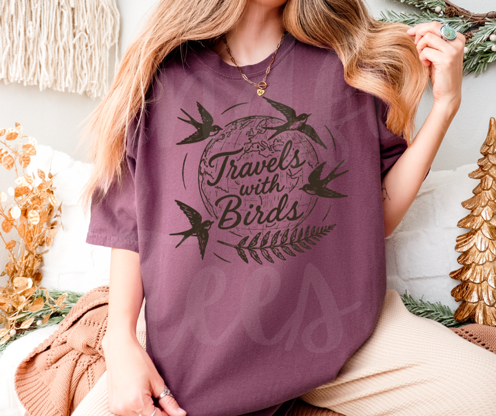 "Travels With Birds" Birdwatching Design Birds and Nature Inspired Unisex heavyweight t-shirt