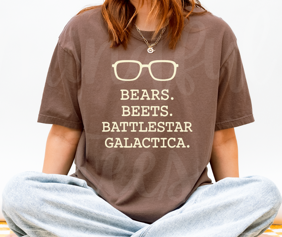 "Beers, Beets, Battelstar Galactica" Sarcastic Design The Office Inspired Unisex heavyweight t-shirt