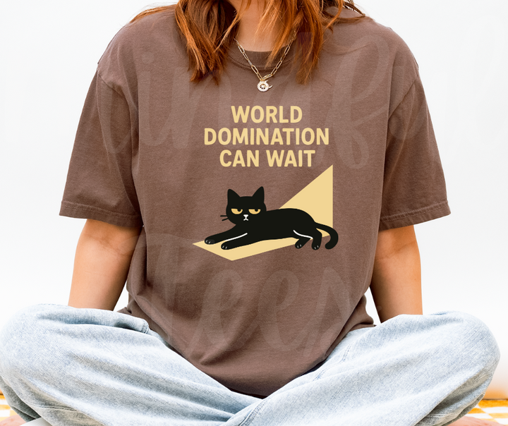 "World Domination Can Wait" Sarcastic Cat Design Unisex heavyweight t-shirt