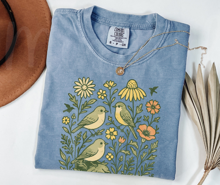 "Birds & Flowers" Birdwatching Design Birds and Nature Inspired Unisex heavyweight t-shirt