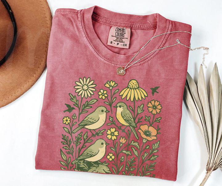 "Birds & Flowers" Birdwatching Design Birds and Nature Inspired Unisex heavyweight t-shirt