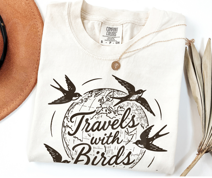"Travels With Birds" Birdwatching Design Birds and Nature Inspired Unisex heavyweight t-shirt