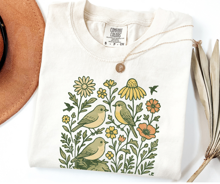 "Birds & Flowers" Birdwatching Design Birds and Nature Inspired Unisex heavyweight t-shirt