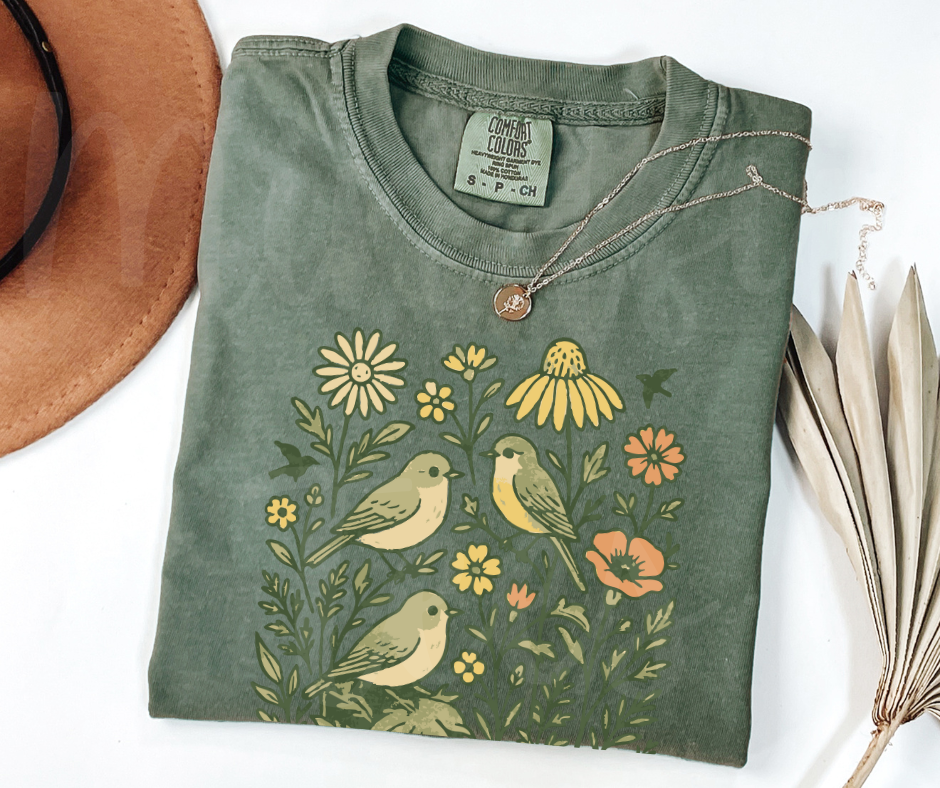 "Birds & Flowers" Birdwatching Design Birds and Nature Inspired Unisex heavyweight t-shirt