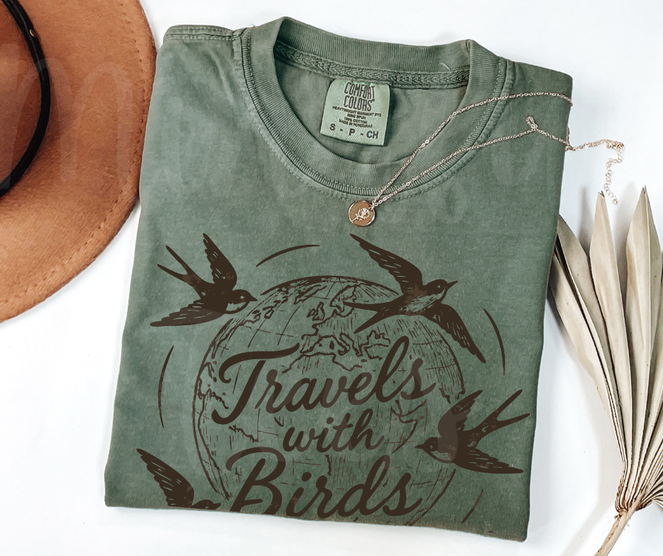 "Travels With Birds" Birdwatching Design Birds and Nature Inspired Unisex heavyweight t-shirt