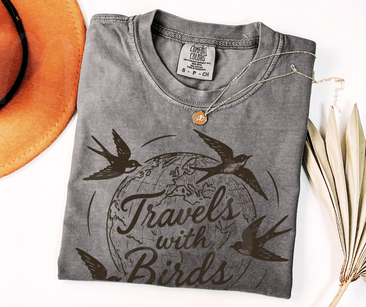 "Travels With Birds" Birdwatching Design Birds and Nature Inspired Unisex heavyweight t-shirt