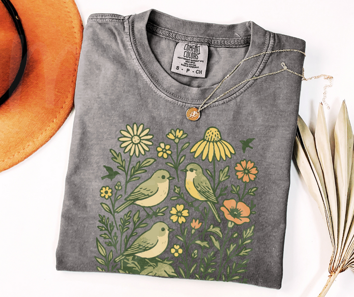 "Birds & Flowers" Birdwatching Design Birds and Nature Inspired Unisex heavyweight t-shirt