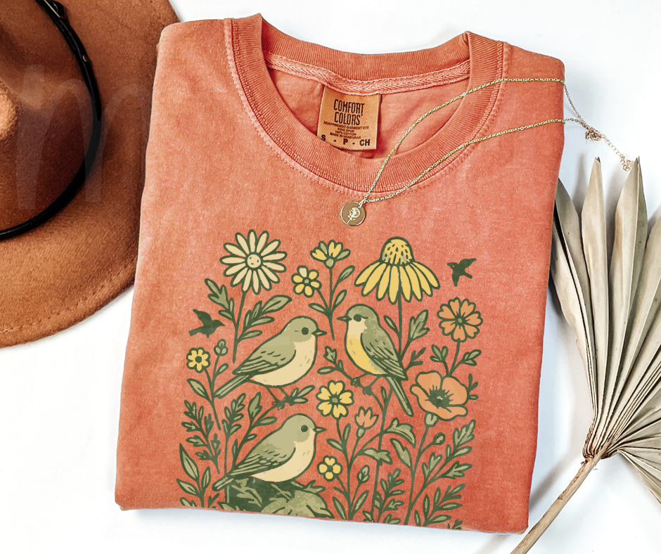"Birds & Flowers" Birdwatching Design Birds and Nature Inspired Unisex heavyweight t-shirt